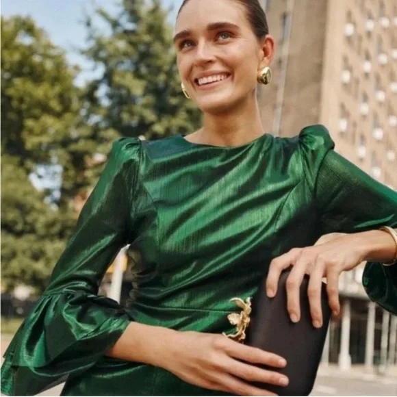 NWT Pomander Place Emerald Crinkle Lurex Midi Dress Size L Holiday Wedding Party - Picture 2 of 9